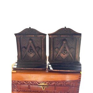 Vintage Masonic Freemason Bronze Bookends Square & Compass Heavy Pair
